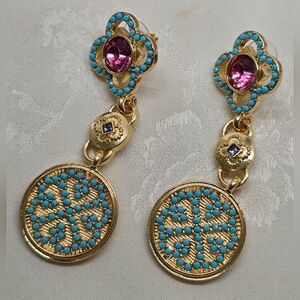 Gold Tone and Turquoise Crystal Dangle Earrings